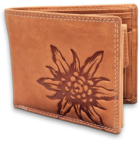 Pixelstudio Leder Geldbörse Herren & Damen mit Edelweiß. Männer Geldbeutel Frauen. Damen Geldtasche Herren Geldbörse Leder Portemonnaie. Wandern Geschenk Berge