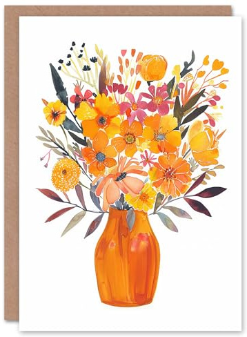Artery8 Greeting Card Bright Autumnal Orange Pink Flower Bouquet Vase For Her Woman Birthday Card