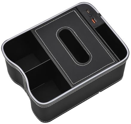 JSCARLIFE Car Armrest Storage Box With 2 Drink Cup Holders, 7 Colour LED Lights Car Console Organiser With USB + Type-C Charging Port Universal Car Storage Organizer for Car Front Seat