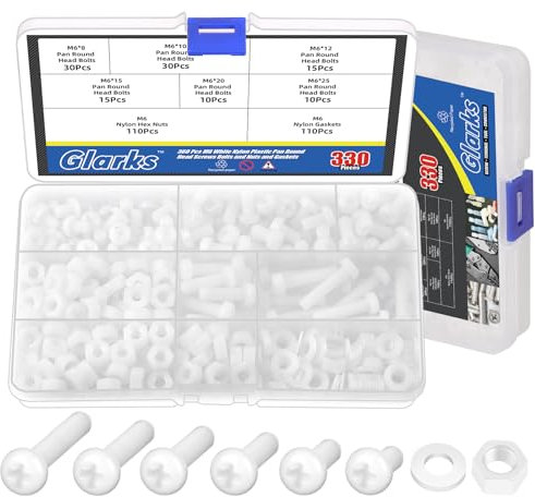 Glarks 330 viti in nylon Phillips Pan Head M6 x 8/10/12/15/20/25 mm, kit di fissaggio per dado, in nylon bianco, Phillips a croce, testa tonda