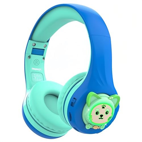 Riwbox CB-7S - Auriculares Bluetooth inalámbricos con luz LED para niños, con micrófono y volumen seguro. Tiempo de reproducción de 45 horas Bluetooth 5.3. Control para iPad/viaje/escuela/portátil/PC