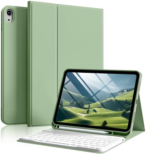 SZPSGC Keyboard Case for iPad (A16) 11th/10th Generation 2025/2022 11/10.9 inch, Smart Folio Cover with Pencil Holder, Detachable Wireless Bluetooth iPad Keyboard Case, Light Green