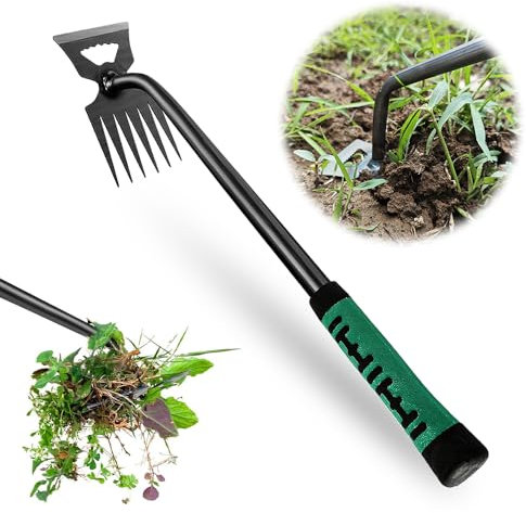 Attrezzo per la rimozione delle erbacce da giardinaggio, strumento per la rimozione delle erbacce, strumento per sradicare le erbacce con manico lungo e manico in gomma, 6 denti