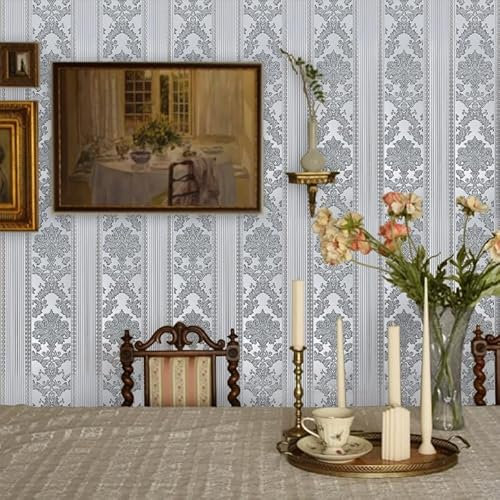 Trafagala 21inches x 33feet 3D Embossed Silver Grey Non-Woven Wallpaper Glitter Under The Light Luxury Floral Retro Damask Wallpaper Baroque Ornament Wall Wallpaper for Livingroom Bedroom Hallway
