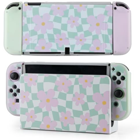 Casosexplorelab Protective Case for Switch OLED, Silicone Cover Shell Compatible with Nintendo Switch OLED Dockable Case Cozy Accessory Full Protection for Controller & Joy con-Sage Green Checker