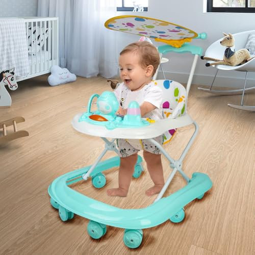 Trotteur Bébé Garçon Evolutif - Trotteur Marche Bebe Pliable - trotteur bebe - Musique - réglage à 5 vitesses - rotation à 360 degrés - Assiette à dîner amovible (62 * 68 * 36-81cm,vert)