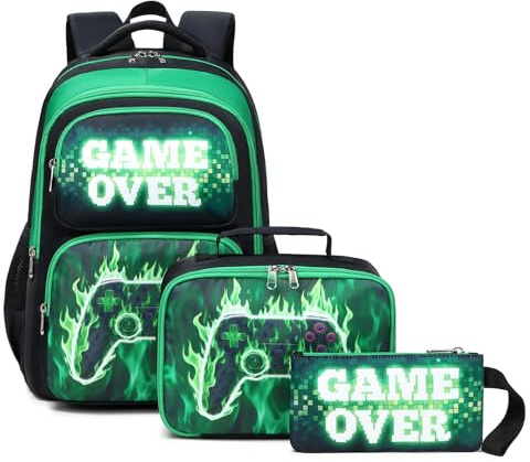 Octsky School Backpack for Boys Girls Bookbag with Lunch Box Set, Flame Game-green, One Size