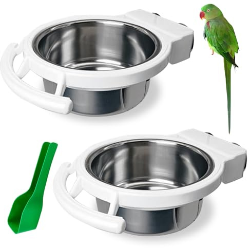 BNOSDM 2 PCS Bird Feeding Dish Cups Perch Stand Hanging Stainless Steel Bird Bowls Food Container Food and Water Bowls with Spoon for Budgie Cockatoo Finch Lovebirds Pigeons (White)