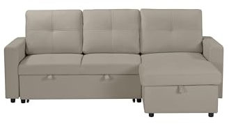 Eco Living Newport Leather 3 Seater Pull-Out Sofa Bed with Storage | Reversible L-Shaped Sectional | Sleek Faux Leather Upholstery – Available in Black, Beige or Grey (Beige)