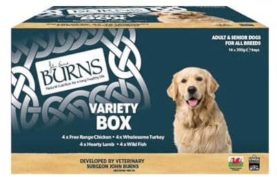 Burns Pet Nutrition Natural Wet Dog Food For Adult and Senior Dogs – 16 x 395g Variety Box (4 x Free-range chicken, 4 x Hearty Lamb, 4 x Wholesome Turkey, 4 x Fish)