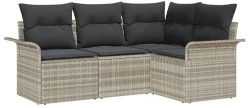 vidaXL 4-teiliges Garten-Sofa-Set mit Kissen in Hellgrau, aus Poly-Rattan, modulare Sitzgelegenheiten für draußen, wetterfest, Lounge für den Garten