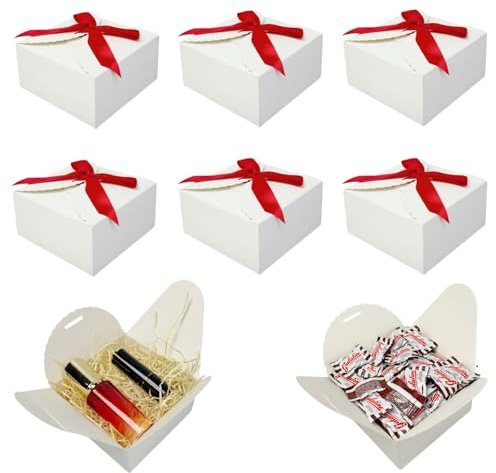 Festa Centro Scatola Regalo Quadrata Bianca in Carta Kraft con Nastro Rosso | 50 pezzi, 12 x 12 x 6 cm, Per Feste e Compleanni, Per Matrimoni, Bomboniere
