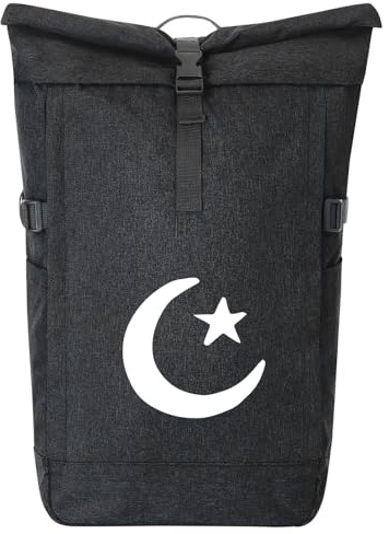 Huuraa Kurierrucksack Halbmond und Stern Islam 30-44 Liter Black Melange Fairtrade Rolltop Rucksack Geschenkidee