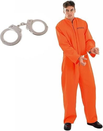 ABC.icos Herren Gefangener Kostüm, Herren Orange Overall mit Handschellen, Gefängnis Kostüm, Kriminelles Kostüm für Halloween Gefangener Räuber Cosplay Karneval