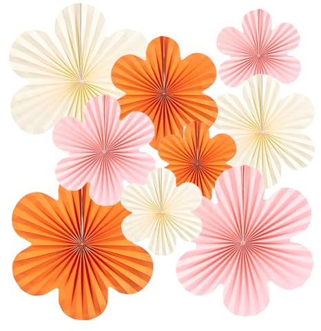 9 PCS Paper Flowers Decorations, Paper Fan Decorations Hanging, Orange Pink Party Wall Decoration for Birthday, Wedding Backdrop, Table Decoration, Halloween