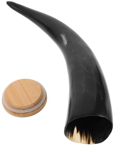 Retro Trinkhorn aus Horn, Großes Fassungsvermögen für Met, Bier Party | Ox Horn und Holz, Naturbelassene Oberfläche mit Politur, für Partys, Renaissancefeste, Dekoration