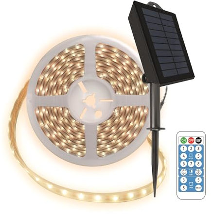 Suprema, Kit de bande LED solaire d'extérieur 5 m, lumière chaude, capteur crépusculaire, double charge USB-C/solaire, 8 effets, double face et télécommande inclus