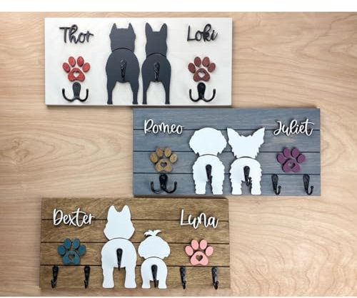 Porte-laisse personnalisé pour deux chiens, avec nom personnalisé en forme de pattes de chien 3D pour rangement mural des clés, cadeau pour les amoureux des animaux (blanc)