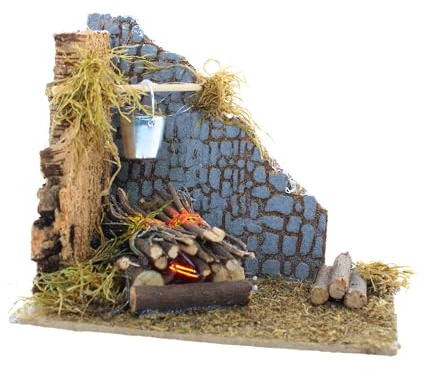 Moranduzzo Feuer mit Lampe Flammeneffekt 15 x 10 x 15 cm – Krippe mit Eimer und Baumstämmen, realistische Beleuchtung, Made in Italy