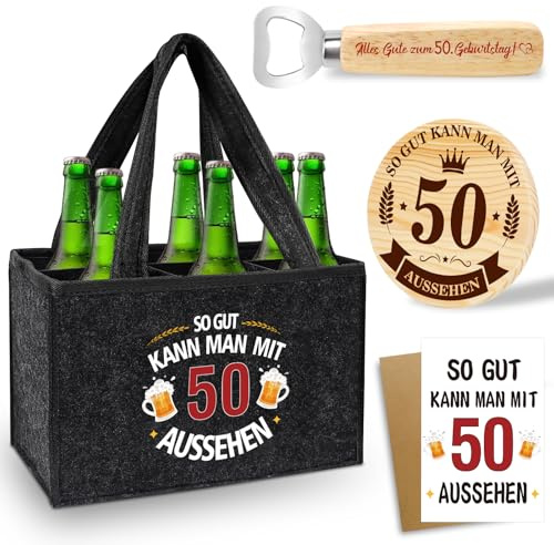 Shining She 50 Geburtstag Mann - Männerhandtasche Bier für Ehemann Papa Opa | Personalisierte Geschenke zum 50 Geburtstag Mann, Filz Flaschentasche 6 Flaschen mit Flaschenöffner Untersetzer Holz