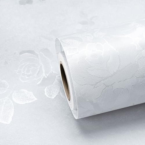 ReWallpaper White Wallpaper with Flowers Textured Vinyl Wrap Silk for Cabinets Walls Bedroom 40CMx3M Peel and Stick Wallpaper Bathroom Waterproof PVC Patterned Rose White Lining Paper