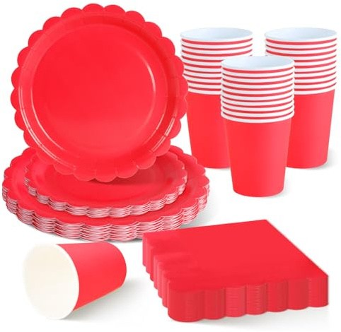 ZblPyro 120 Pièces Rouge vaisselle jetable anniversaire pour 30 Invités | 18/23 cm assiette jetable festonnée, gobelets carton, serviettes, Saint-Valentin, anniversaire de mariage, réveillon de Noël