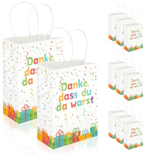 Urker Geschenktüten Kindergeburtstag,12 Stück Kleine Papiertüten mit Henkel | Geburtstagstüten Mitgebsel Kinder, für Kindergeburtstag, Hochzeit, Party (15 x 8 x 21 cm)