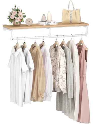 CHOEZON Wandgarderoben mit Ablage, Kleiderständer, 110 cm Kleiderstange zur Wandmontage, Garderobenstange für Schlafzimmer Badezimmer Indoor, Nturfarben und Weiß DTYM02NW