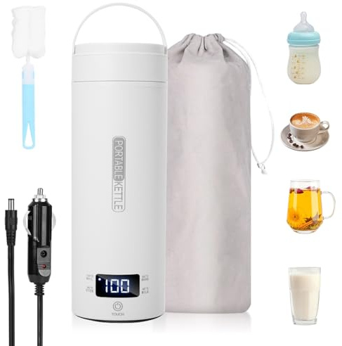 Vexnaro Bollitore Elettrico da Viaggio 450ml Portatile con Temperatura Regolabile Spegnimento Automatico Acciaio Inox con Spazzola e Caricatore Auto per Tè Latte Caffè Campeggio (Bianco)