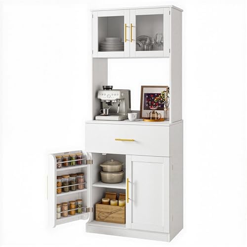 YITAHOME Küchenschrank 180cm Hochschrank mit Glastür Schublade | 5-Zonen Küchenschrank mit Seitentürregal (+30% Stauraum), Glastür-Vitrine, Mikrowellenregal, Schublade & verstellbaren Böden