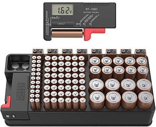 Batteriebox - Batterie Aufbewahrungsbox bmit Batterietester Akkutester BT168.hält 110 Batterien für 9V Block batterien Akku AA, AAA, C, D, und Knopfbatterien