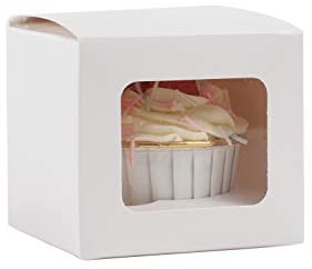 Komonee 24 x Cupcake Boxes Individual White Single Fairy Cup Cake With Clear Window Cardboard Packaging Box Baking Kids Muffins Cookies Brownies Christmas Bake Weddings