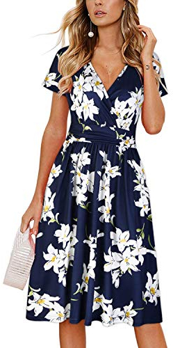 OUGES Damen Sommerkleid Kurzarm V-Ausschnitt Knielang Blumenmuster Midi Kleid mit Taschen(Floral01, L)