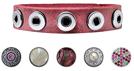 Quiges Damen Lederarmband mit 12mm Druckknöpfe/Chunks Rosa Set 18-20cm