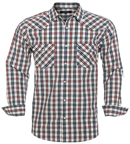 Herren Western-Cowboy-Hemden, lange Ärmel, Druckknopf, kariert, normale Passform, Baumwolle, Freizeithemd, Weiß Rot 008, Mittel
