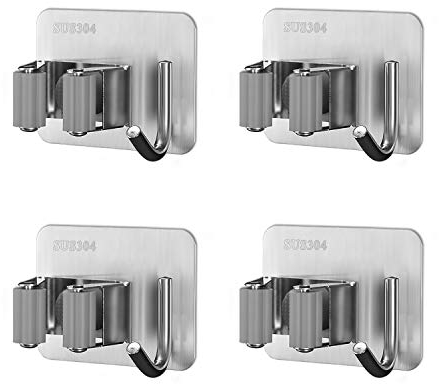 MaoXinTek Soporte para Escobas Autoadhesivo Sin Perforar Acero Inoxidable Colgador de Fregonas con Ganchos para Hogar Cocina Baño Garajes Gris 4 Piezas