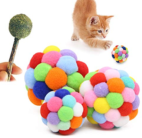 Wudong 3 bunte Katzenbälle mit 1 Katzenminze Lollipop, Plüsch-Hüpfball, Glocke, interaktives Spielzeug für Katzen, Kätzchen, Training, Spielen, Kauen