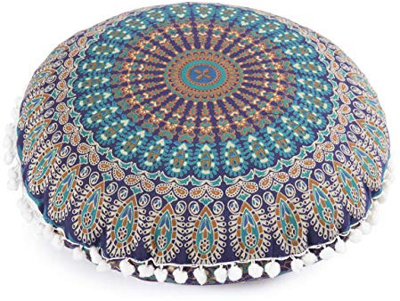 Popular Handicrafts Bodenkissenbezug, Hippie-Mandala-Kissenbezug groß mit Pompons weichen Partikeln, Pouf-Bezug, rund, böhmisches Yoga-Dekor, 45 cm, Blau, Türkis