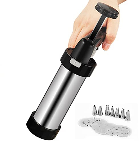 Kit de pistola de prensa de galletas Pasta de pastelería con plantillas y boquillas de tuberías, accesorios de patisserie, acero inoxidable de plata, jeringa de adornos para pasteles y galletas