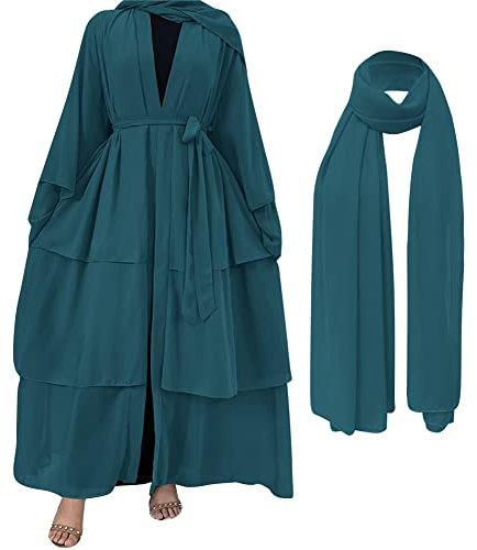 OBEEII Abaya Muslim Damen Chiffon Lose Lange Strickjacke Muslimische Kleid Islamischer Kleidung Frauen Naher Osten Dubai Araber Muslimische Robe mit Hijab Dunkelgrün M
