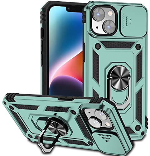 Hitaoyou iPhone 14 Plus Case with Camera Cover & Kickstand, Military Grade Shockproof Heavy Duty Protective Case with Magnetic Car Mount Holder for iPhone 14 Plus Green