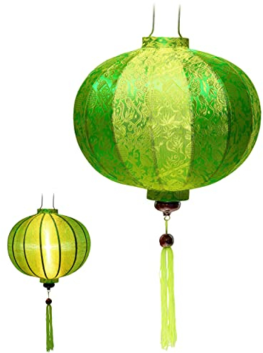 Art Saigon Laterne aus asiatischer Seide, grün, R Ø38 cm – Hängelampe aus Stoff, Bambus und Holz – Dekoration und Handwerk aus Vietnam, R25-V2