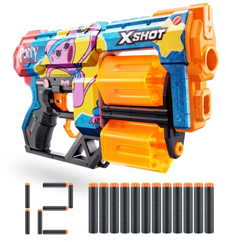 X-Shot Skins Dread Blaster – Poppy Playtime (Kissy) von ZURU mit 12 Darts, drehbarem Doppellauf, Air Pocket Dart Technologie, Spielzeug-Schaum-Blaster für Kinder, Jugendliche und Erwachsene
