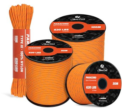 Abma Cord Paracord 620lbs 4mm 15M 100% Nylon Seil Typ 3 Schnur mit 9 Kern für Basteln, Camping, Survival, Outdoor - Max. 280kg - Reflektierende Orange