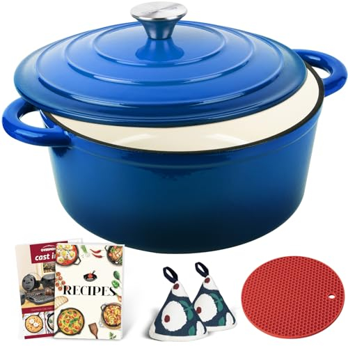 Overmont 26cm/5.2L Enamelled Cast Iron Round Casserole Dish with Lid,5.5QT, Cookbook -Non-Stick Dutch Oven for Braising, Stews, Roasting, Bread Baking