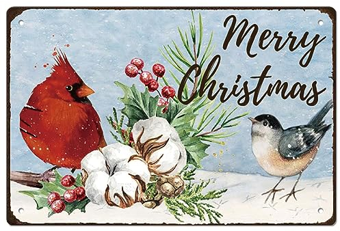 SUPERDANT Metall Blechschilder “Merry Christmas“ Rote Vögel Vintage Kunst Eisen Verschneite Zweige Weihnachts Wanddekor Zitate Plakette Für Bars Kneipen Schlafzimmer Weihnachtsfeier Weihnachtsdekor
