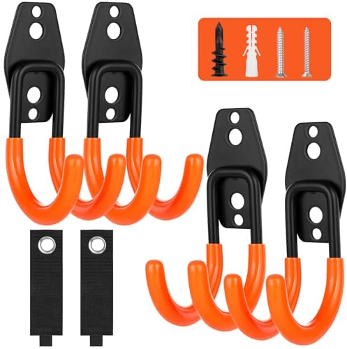 AojSup 6 Stück Garage Haken | Wandhaken für Garage, Wandhaken Garage Platzsparende, Schwerlast Aufbewahrung Doppelhaken, Gerätehalter Geeignet für Werkzeuge, Sportgeräte, Rohre und mehr(Orange)
