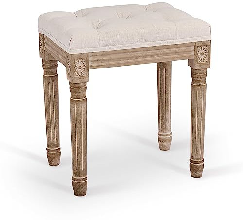 VONLUCE Ottoman, 47 cm High French Vintage Stool with Padded Seat, Wood Frame, Button Tufted for Dining, Living Room, Bedroom Decor, Piano Dressing & Vanity, Foot Stool, Foot Rest, Beige
