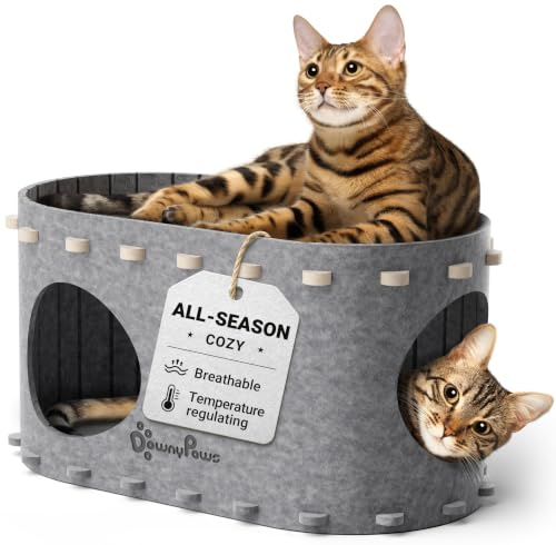 DownyPaws Katzenhaus für Hauskatzen, Katzenbetthöhle für mehrere & große Katzen bis zu 10 kg, Kratzfeste Peekaboo Katzenhöhlen, Faltbarer Katzentunnel geschlossenes Bett, PeekaPurr, Creme, Hellgrau