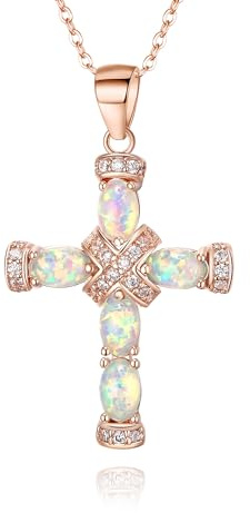 EVER FAITH Pierre de naissance d'octobre créée - Collier en opale ovale pour femme et fille - Pendentif en forme de croix classique - Chaîne pour la fête des mères - Blanc rose doré, Zircone cubique